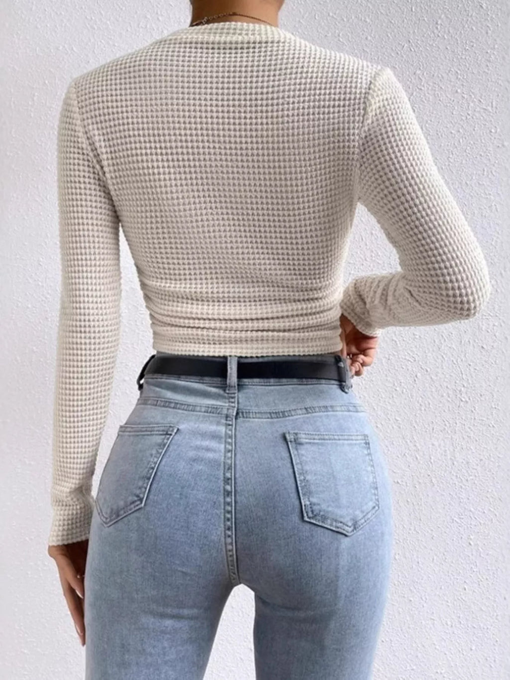 Sarah Express Women's Waffle Knit Long Sleeve T-Shirt - Stretchy Casual Top