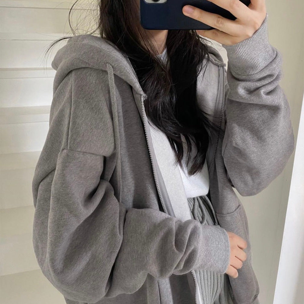 Women's Loose Fit Zipper Hoodie Long Sleeve Pockets Polyester Sweatshirt Casual Fall Winter