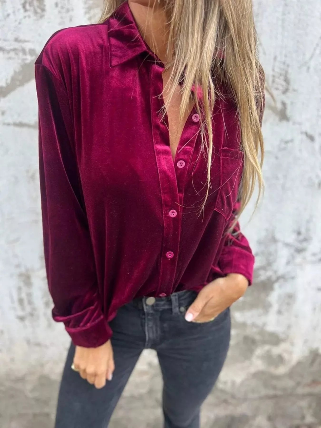 Sarah Express Women's Velvet Button-Up Long Sleeve Shirt Plus Size Wine Red