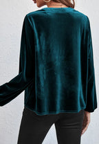 Sarah Express Women's Notched Long Sleeve Velvet Top