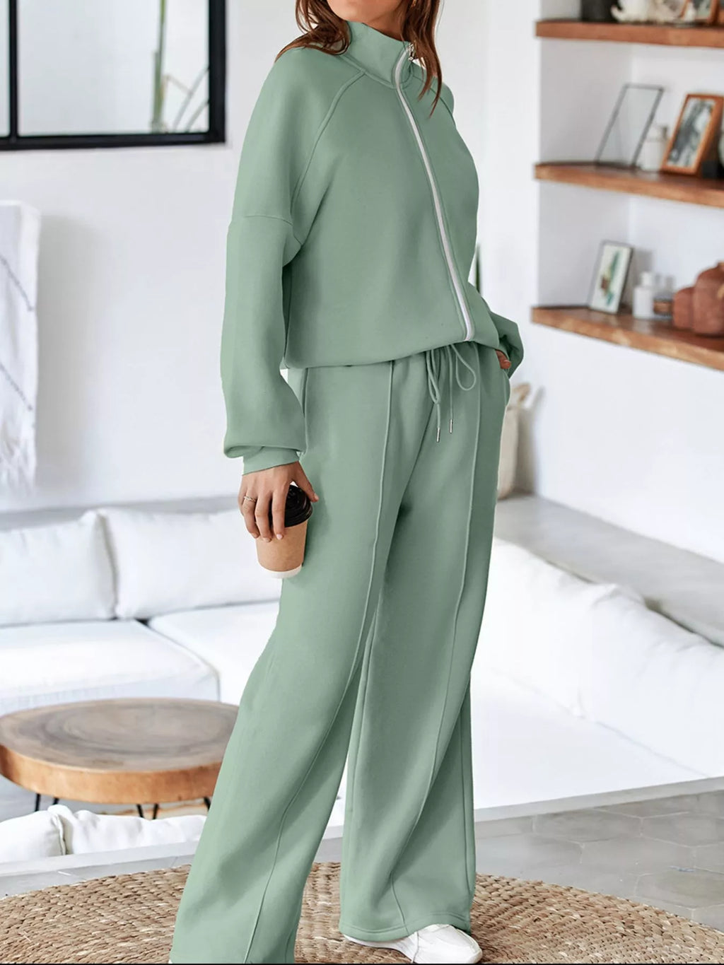 Sarah Express Women's Drop Shoulder Zip Up Jacket and Drawstring Pants Active 2pcs Set