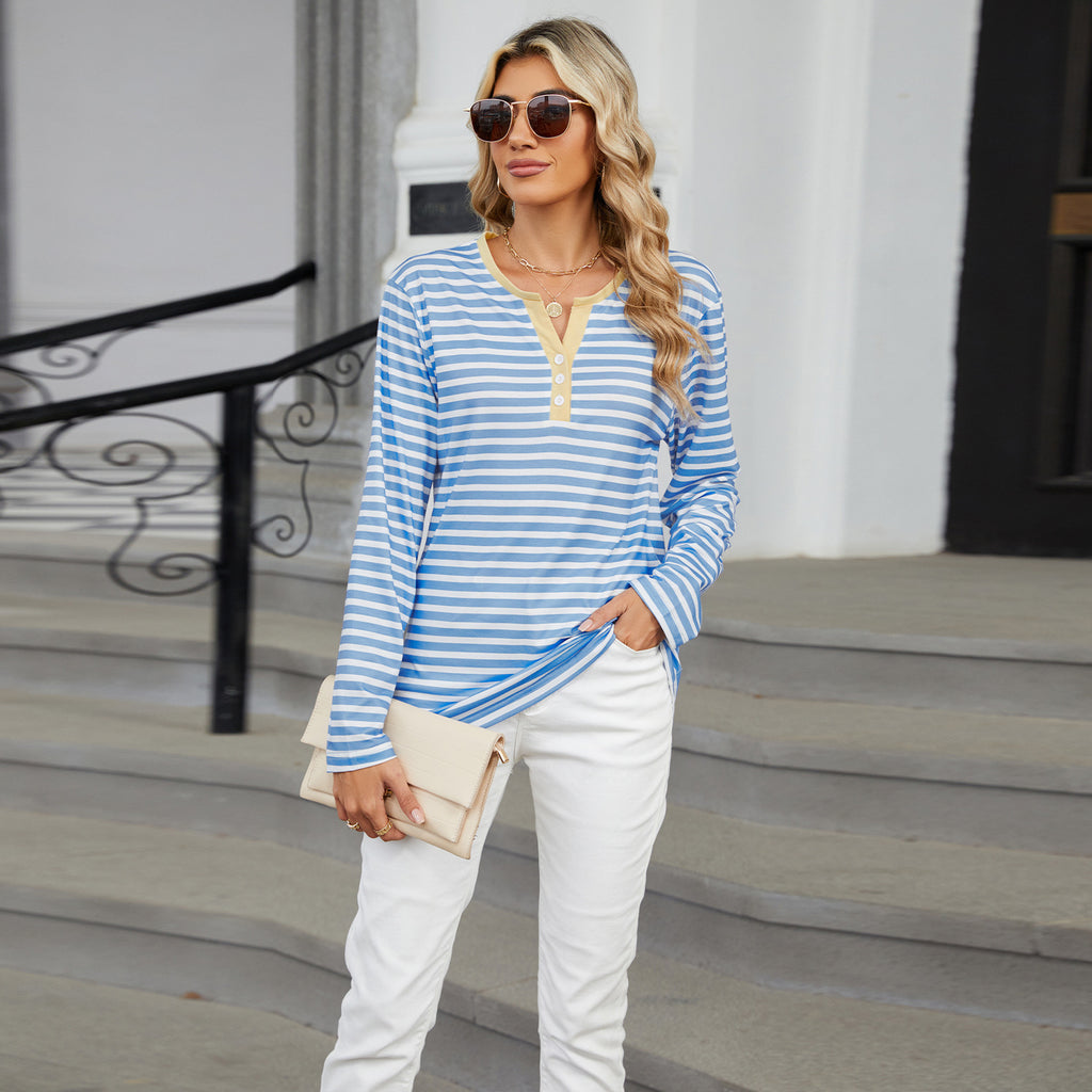 Women's V-Neck Striped Long Sleeve T-Shirt Loose Fit Casual Top