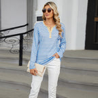 Women's V-Neck Striped Long Sleeve T-Shirt Loose Fit Casual Top