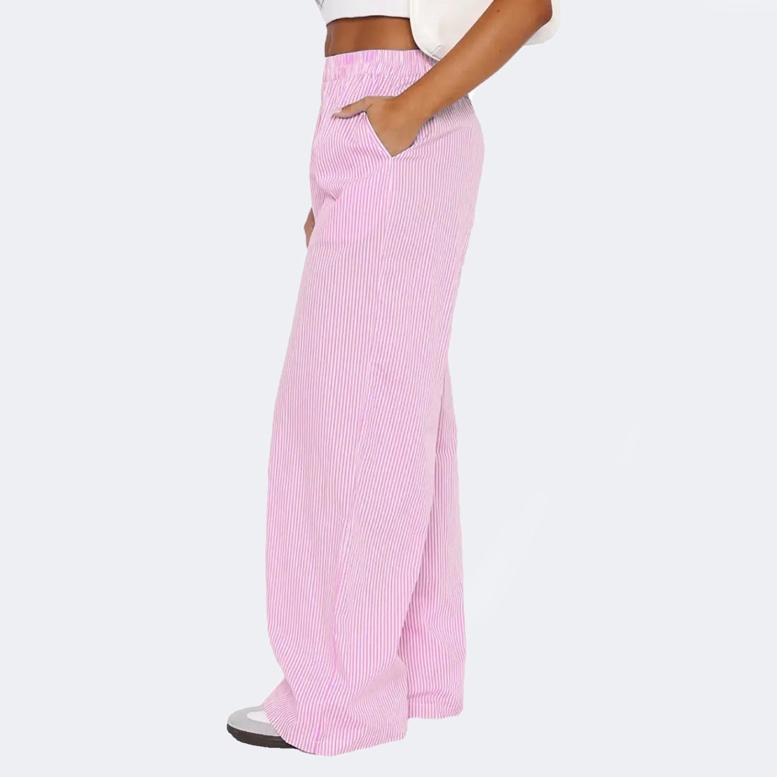 Women's Striped Wide Leg Pants - High Waist Straight Trousers with Pockets