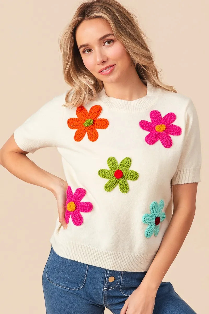Sarah Express Women’s Short Sleeve Sweater with Crochet Flower Patches
