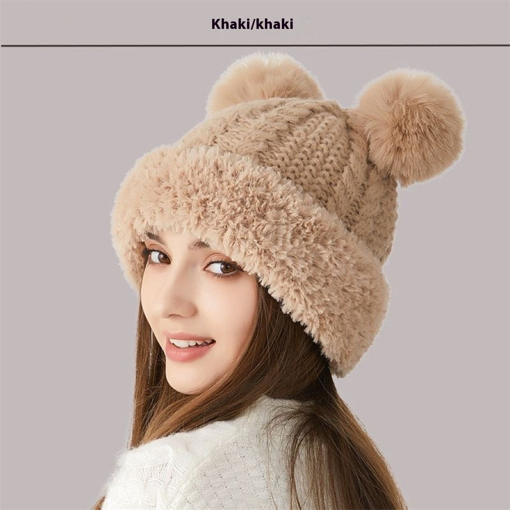 Women's Double Pom-Pom Knitted Winter Hat Fur Ball Dome Crown Windproof