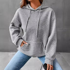Women's Solid Color Hoodie Long Sleeve Plaid Pocket Pullover Sweatshirt Casual