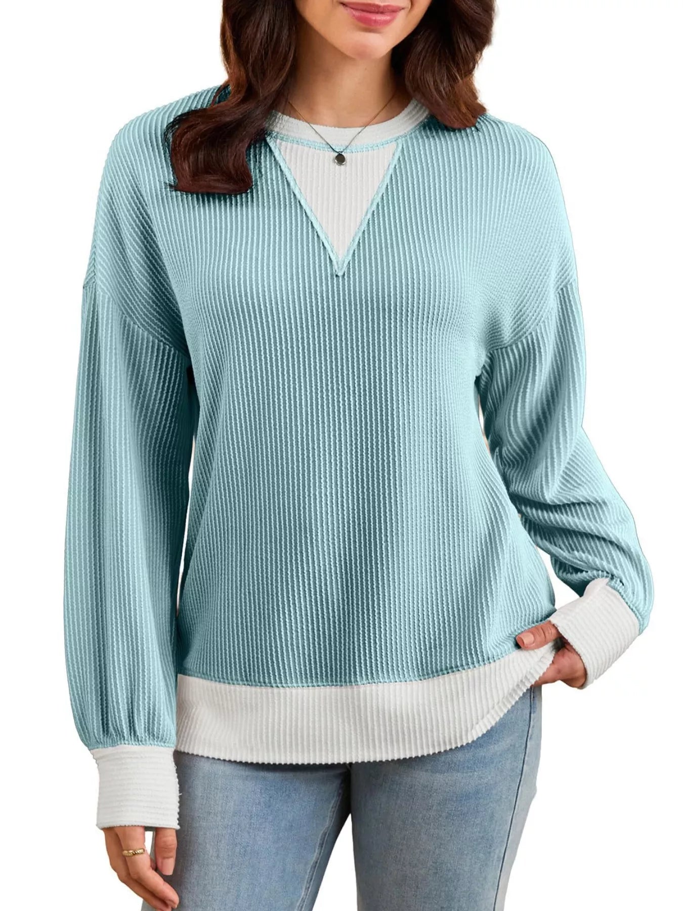 Sarah Express Women's Two-Tone Ribbed Knit Sweatshirt Light Green
