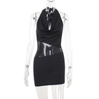 Women's Sequin Mesh Deep U-Neck Halter Mini Dress High Waist