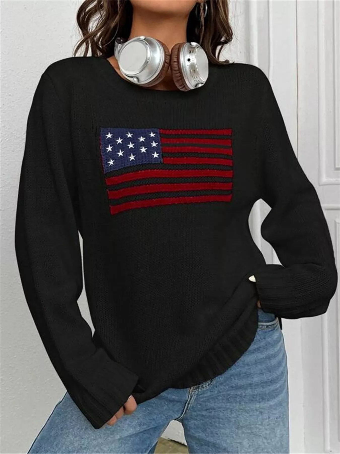 Sarah Express Women's US Flag Round Neck Long Sleeve Sweater Black