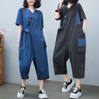 Drawstring Denim-Style Jumpsuit Wide Leg Cropped One Size