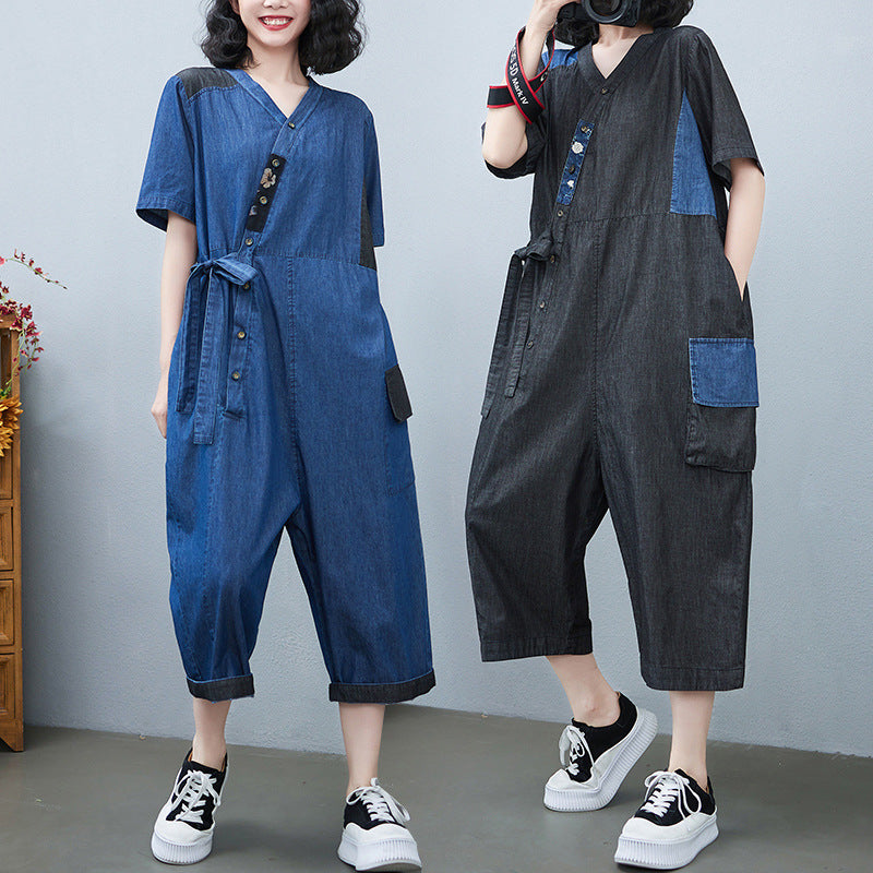Drawstring Denim-Style Jumpsuit Wide Leg Cropped One Size
