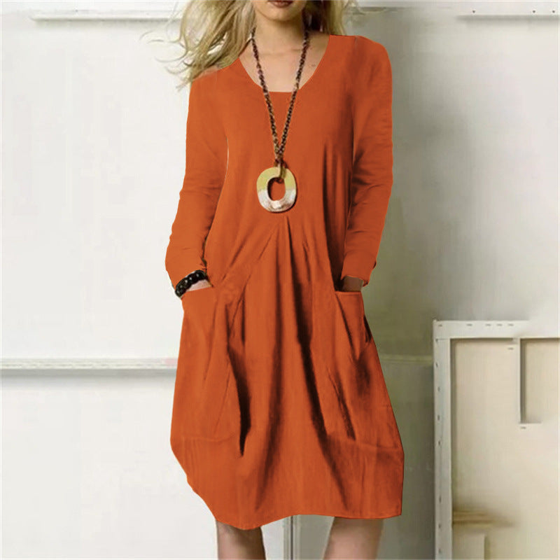 Women's Cotton Linen Pocket Dress Loose Fit Long Sleeve