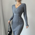 Women's High Waist Long Sleeve Bodycon Knit Maxi Dress Sheath