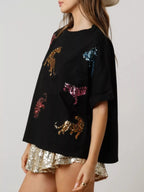 Sarah Express Women's Sequin Tiger Round Neck T-Shirt