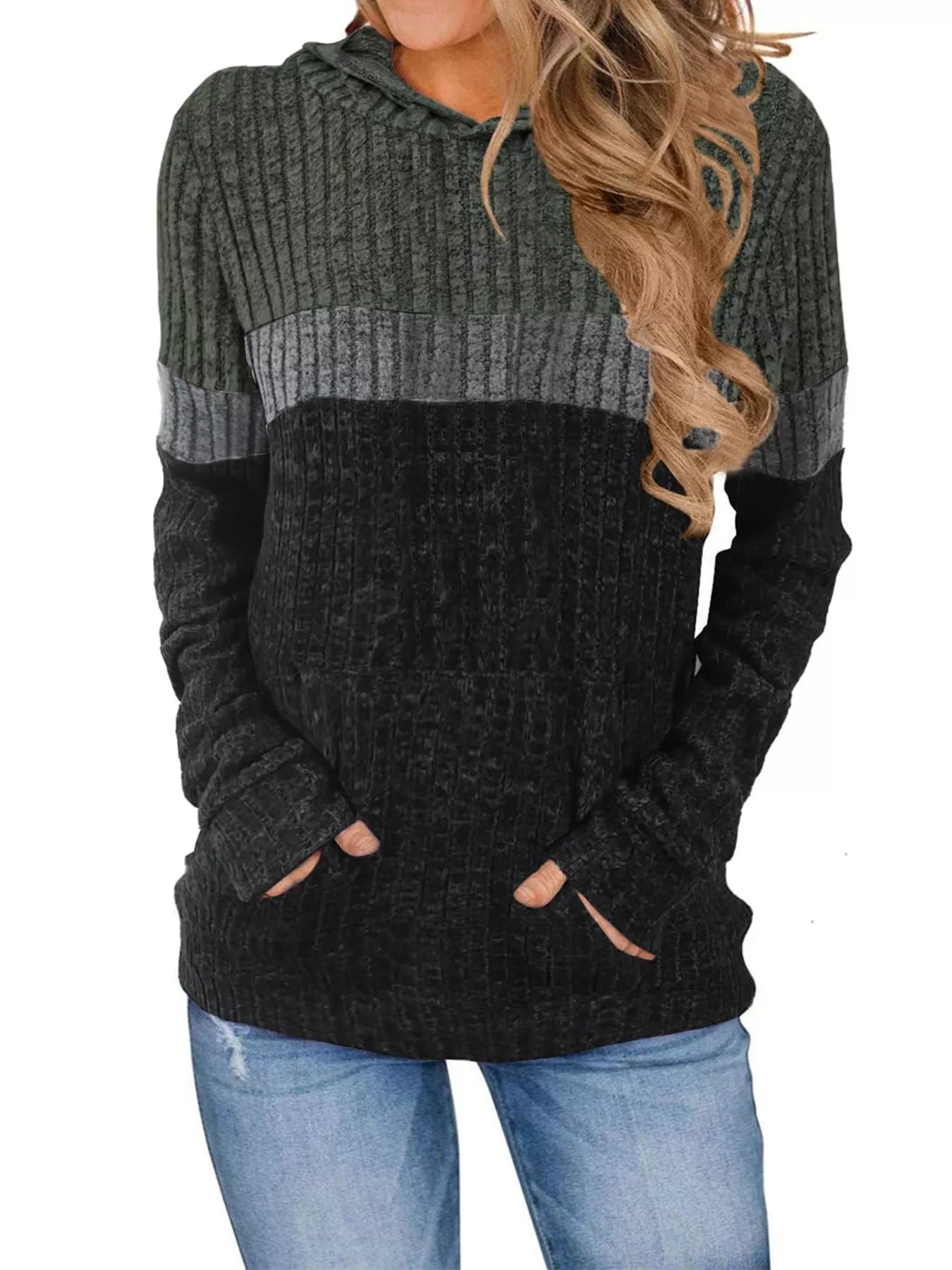 Sarah Express Women's Color Block Ribbed Knit Hoodie Plus Size Army Green