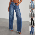 Women's High Waist Wide Leg Jeans Straight Fit Distressed Denim Pants with Pockets