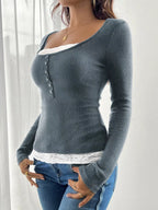 Sarah Express Women's Lace Detail Long Sleeve Ribbed Top