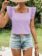 Sarah Express Women's Gingham Ruffle Sleeve Square Neck Blouse