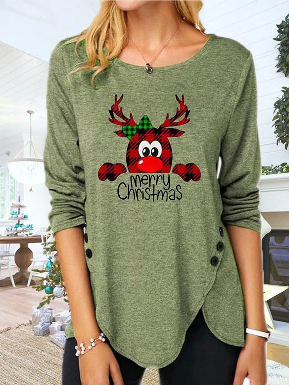 Sarah Express Women's Reindeer Round Neck Long Sleeve T-Shirt Matcha Green