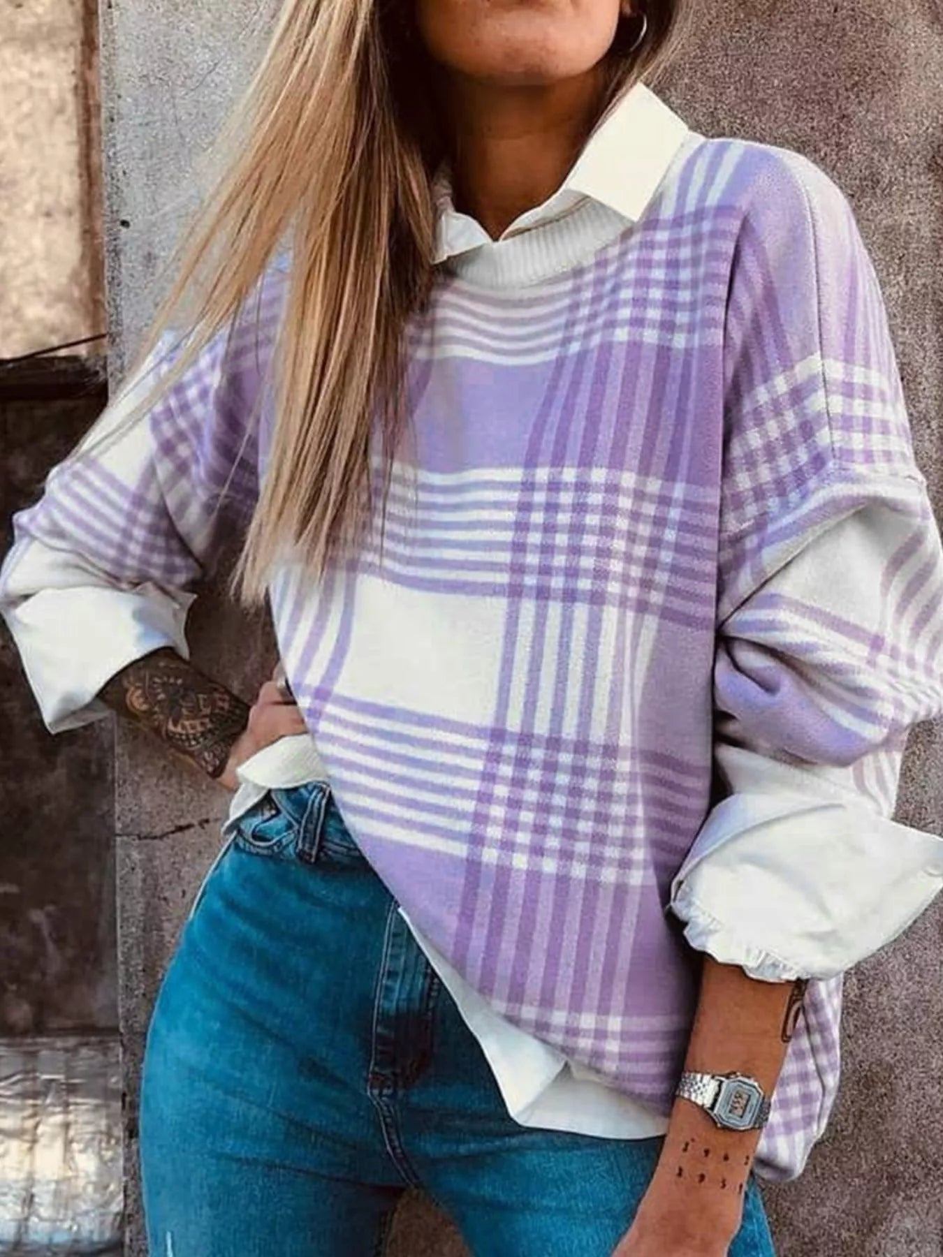 Sarah Express Women's Plaid Round Neck Long Sleeve Sweater Lilac