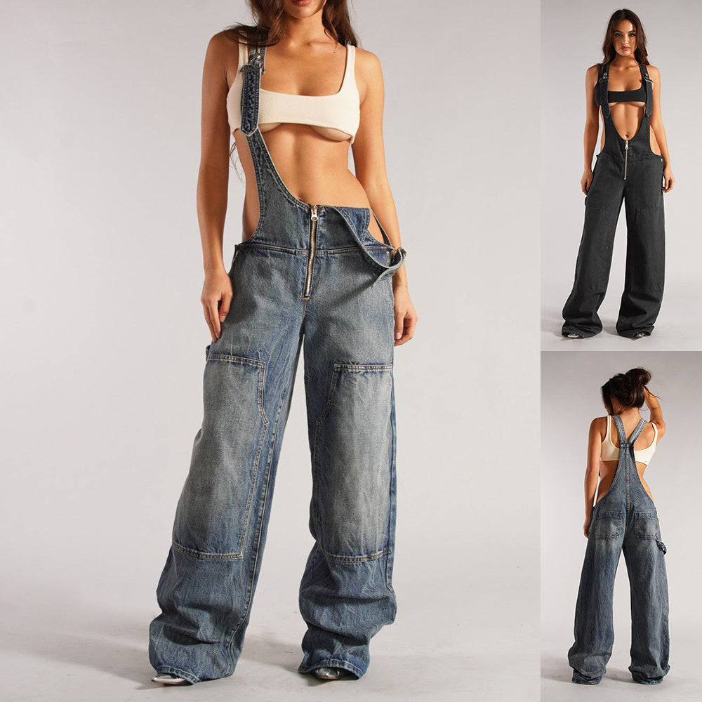 Women's Y2K Denim Overalls High Waist Wide Leg Suspender Jumpsuit