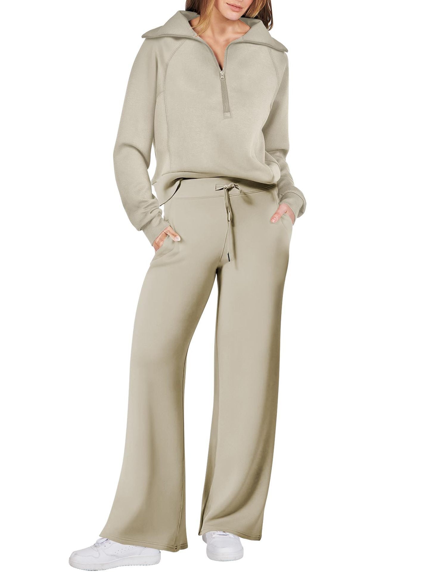Women's Long Sleeve Zipper Sweatshirt and Wide-Leg Pants Athleisure Set