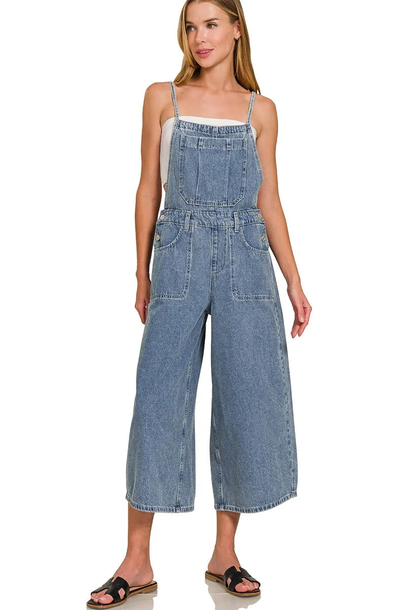 Sarah Express Women's Wide Leg Denim Overalls - Medium Wash Cotton for Casual & Weekend