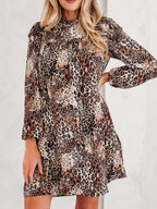 Sarah Express Women's Leopard Ruffled Detail Long Sleeve Loose Mini Dress Brown