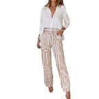 Women's 2-Piece Suit Set Lapel Shirt Wide Leg Pants Printed