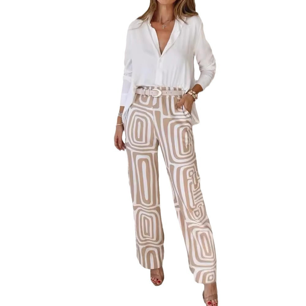 Women's 2-Piece Suit Set Lapel Shirt Wide Leg Pants Printed