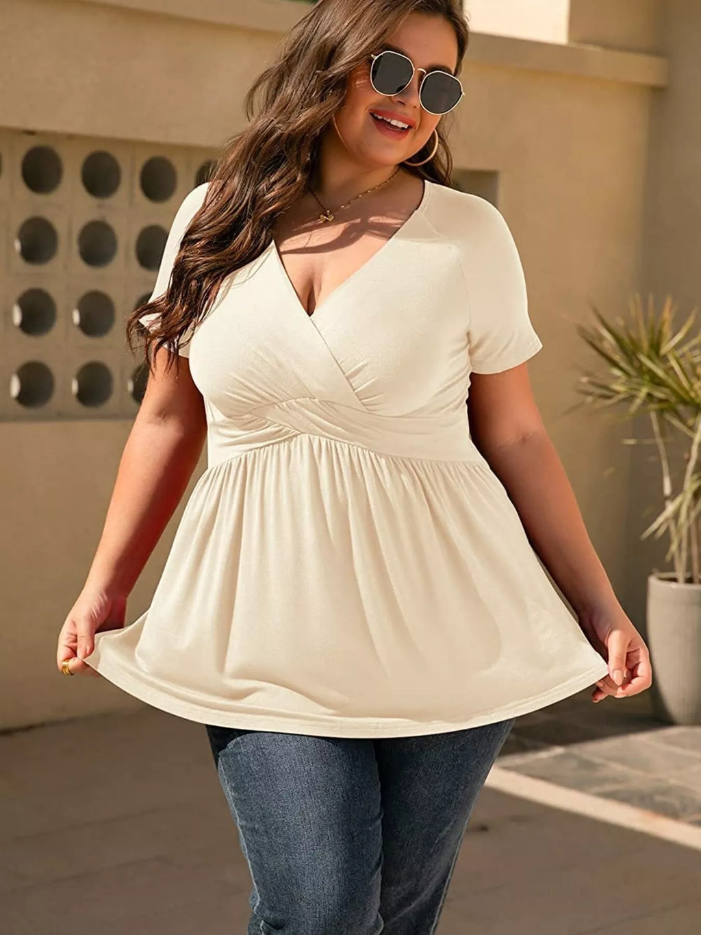 Sarah Express Women's Plus Size Surplice Short Sleeve T-Shirt
