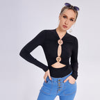 Women's Long Sleeve Fitted Top with Metal Accent Detail