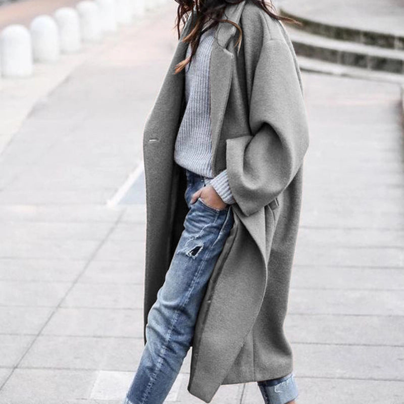 Women's Single Breasted Woolen Lapel Coat with Pockets Long Winter Jacket