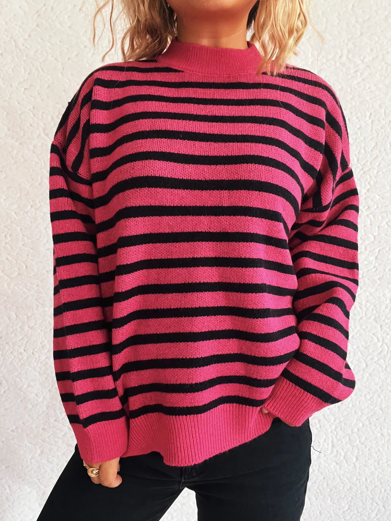 Sarah Express Women's Striped Mock Neck Long Sleeve Sweater - Oversized Ribbed Knit Top Rose Pink