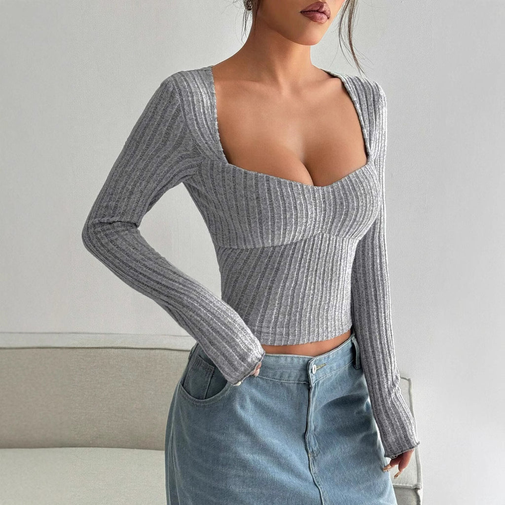 Women's Cropped Long Sleeve Striped Brushed Top