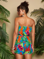 Women's Strapless Tropical Floral Romper High Waist Backless Vacation Jumpsuit