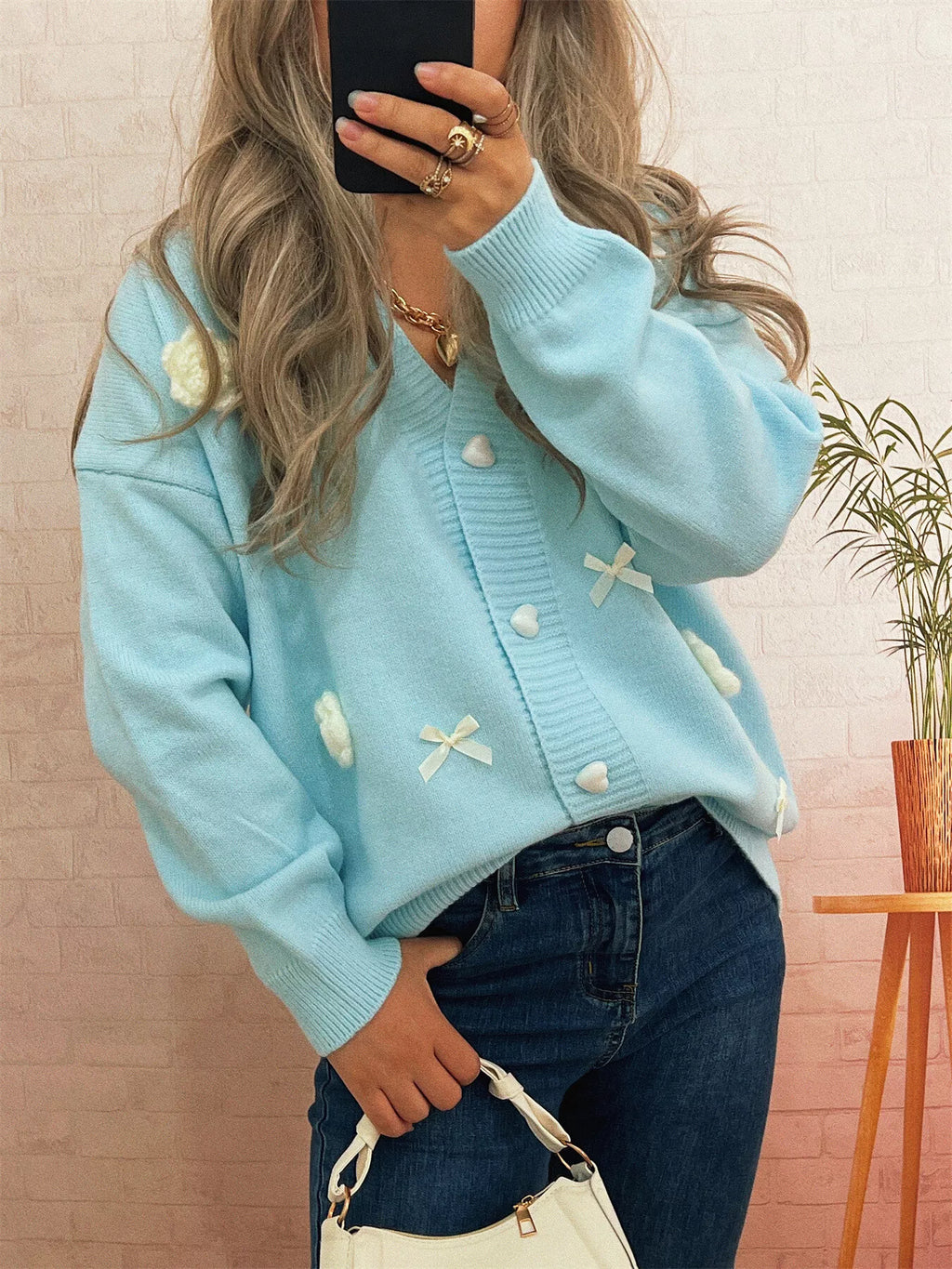 Sarah Express Women's Flower Heart Button Long Sleeve Cardigan