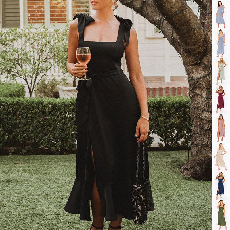 Women's Suspender Maxi Dress Lace-Up Split Ruffled Beach Summer