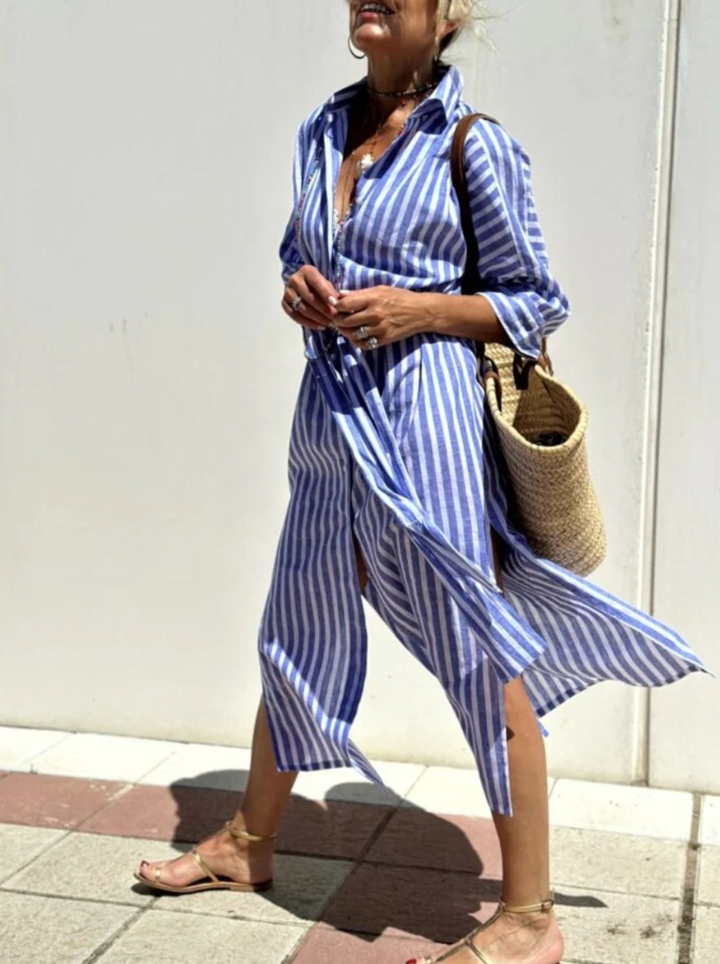 Women's Striped Shirt Dress Button Front Maxi with Belt