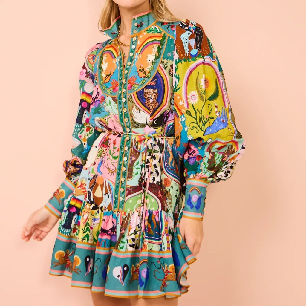 Women's Animal Print Button Front Shirt Dress Long Sleeve Casual Cardigan Style