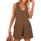 Women's Button Front Sleeveless Romper with Pockets