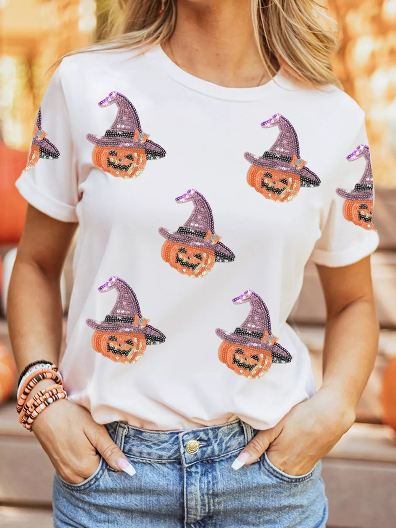 Sarah Express Women's Sequin Pumpkin Witch Halloween Tee