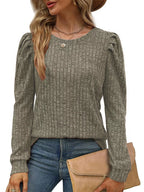 Sarah Express Women's Ribbed Knit Top with Puff Sleeves