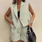 Sleeveless Button Vest High-Waist Shorts Two-Piece Set