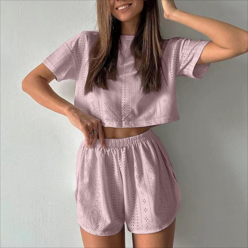 Women's Two-Piece Hollow Crop Top Shorts Set Athleisure