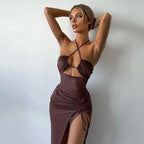 Women's Halterneck Maxi Dress Y2K Lace-Up Backless Split Beach Party