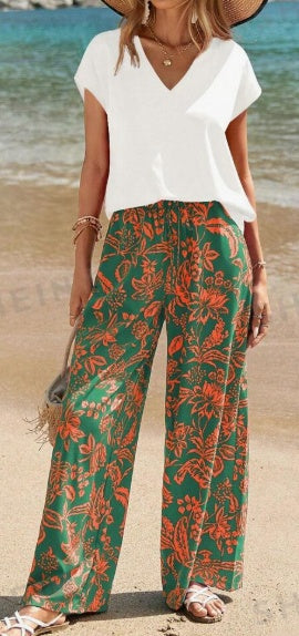 Women's V-Neck Top Botanical Print Pants Set - Two-Piece Summer Casual Outfit