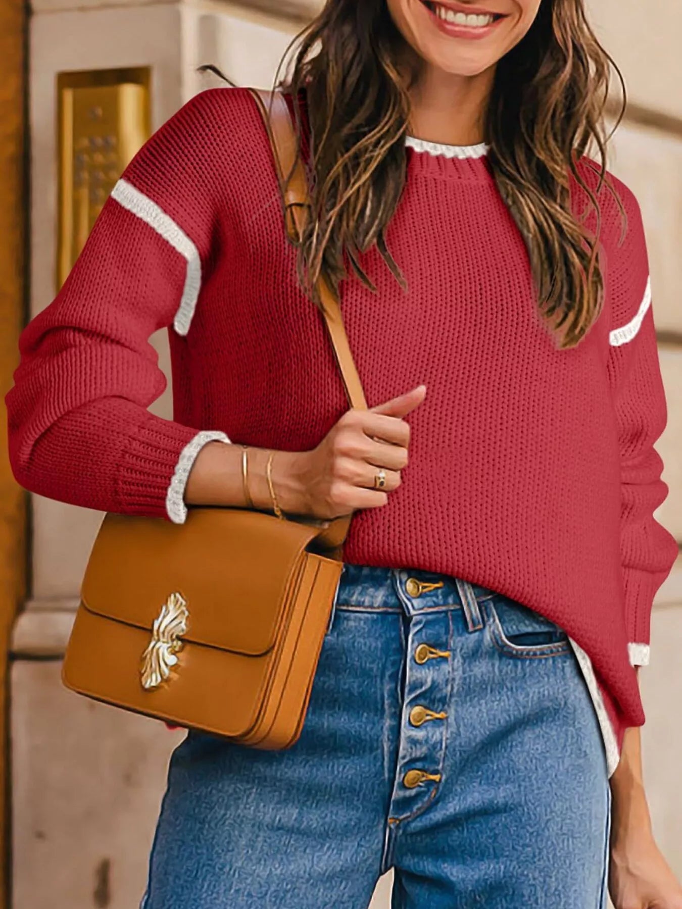 Sarah Express Women's Contrast Trim Long Sleeve Sweater Red