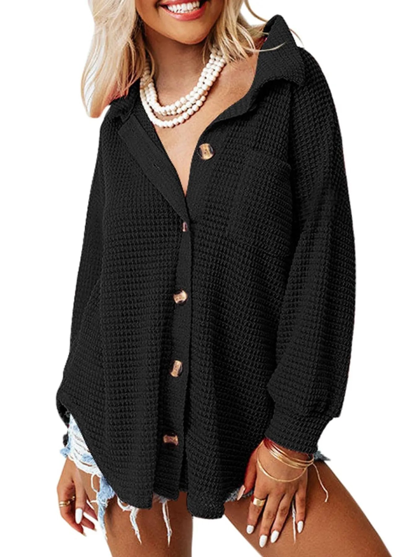Sarah Express Women's Waffle Knit Button-Down Shirt Black